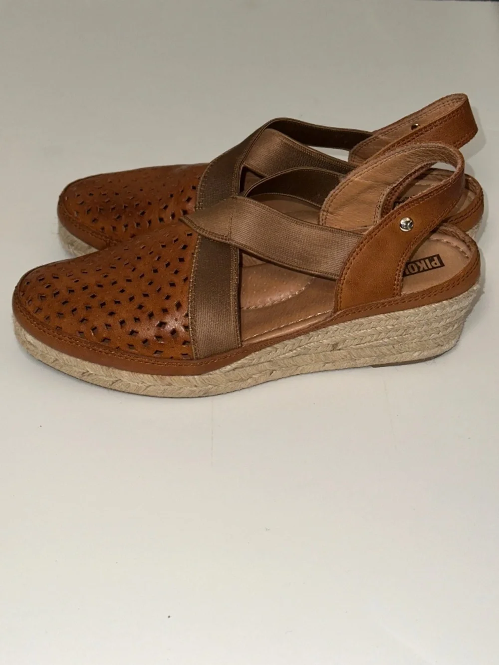 PIKOLINOS Brown Leather Wedge Elastic Espadrille Benidorm size 38 EU 7.5/8 US
